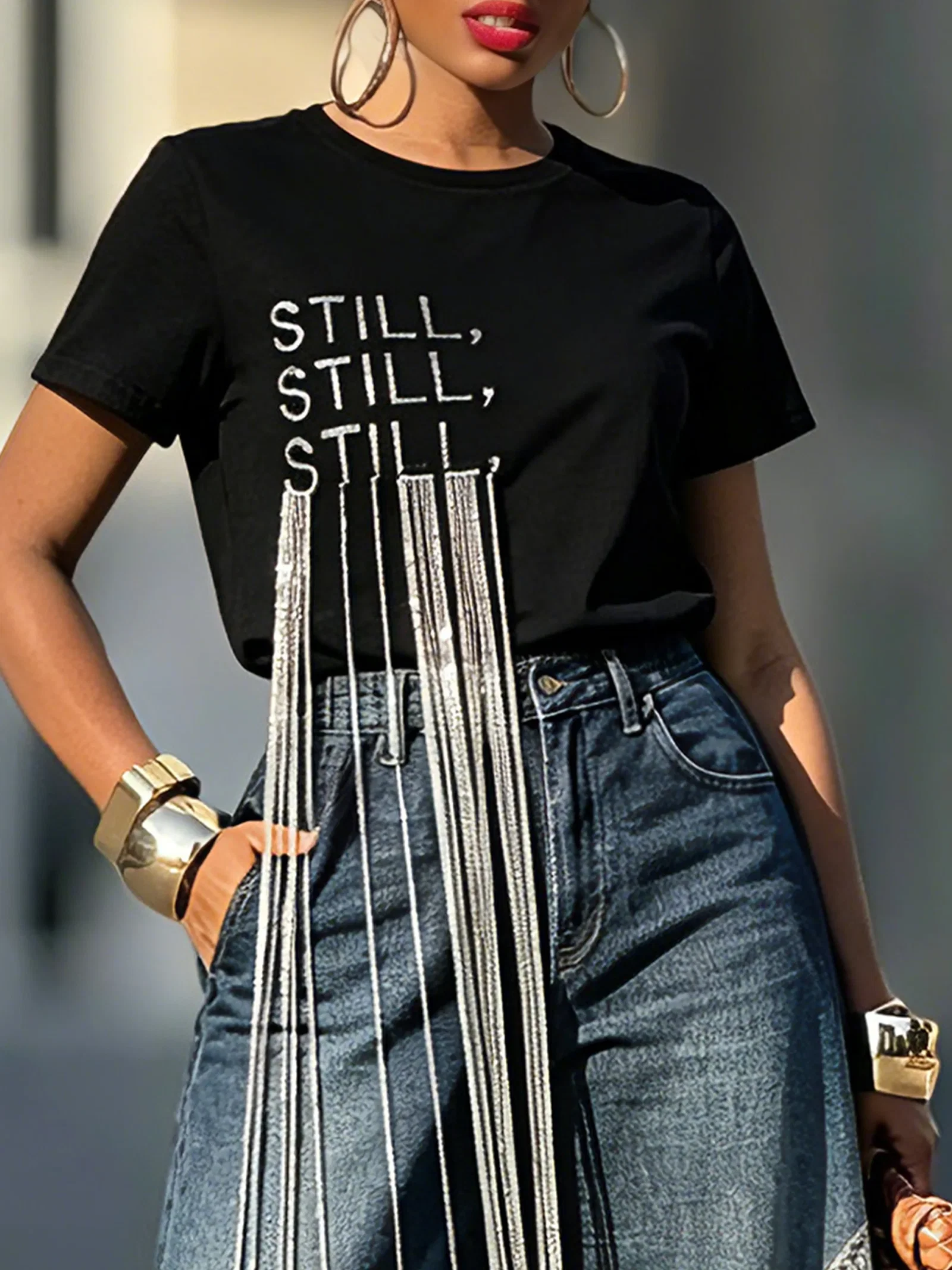 Casual Text Letters Tassel T-shirt
