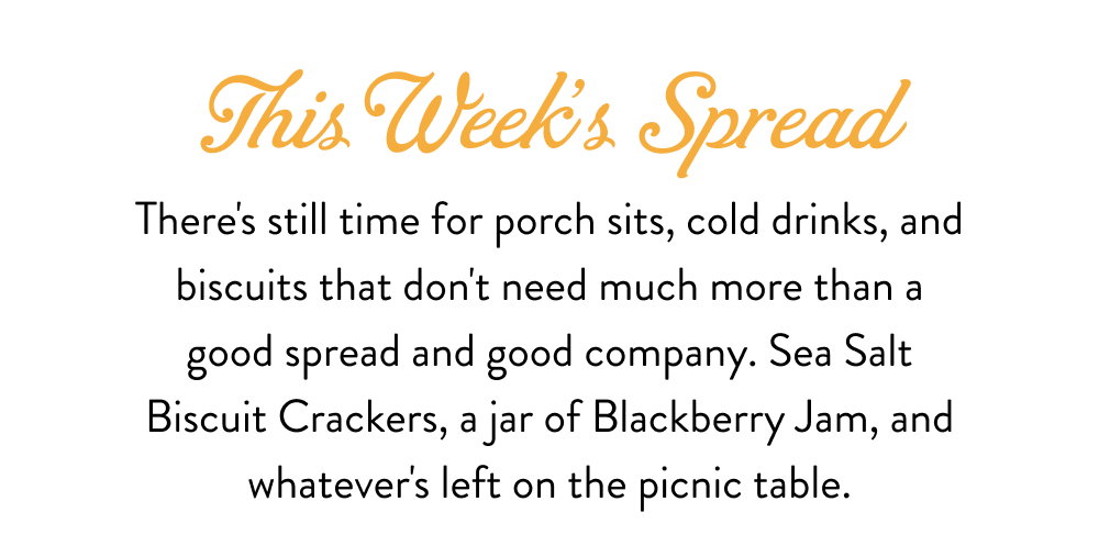 This Week's Spread. There's still time for porch sits, cold drinks, and biscuits that don't need much more than a good spread and good company. Sea Salt Biscuit Crackers, a jar of Blackberry Jam, and whatever's left on the picnic table.