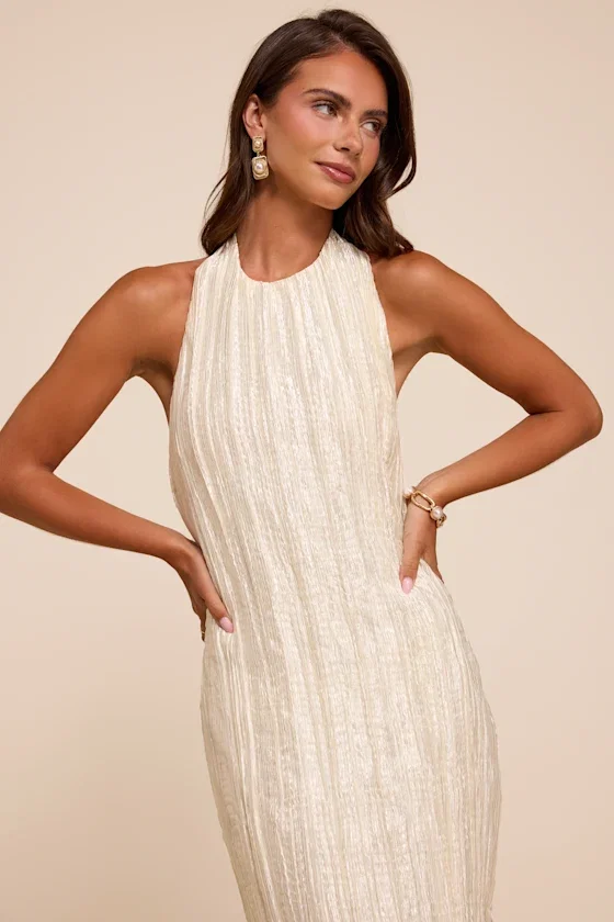 Image of Joya Cream Plisse Halter Midi Dress