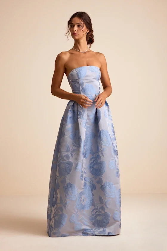 Image of Laurelin Slate Blue Floral Jacquard Pleated Strapless Maxi Dress