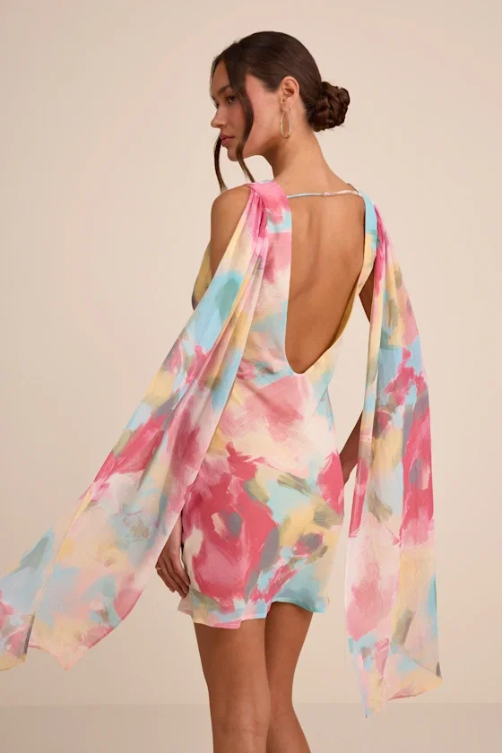 Image of Siya Pink Multi Abstract Print Cowl Sash Mini Dress