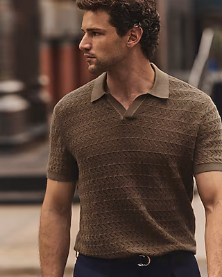 Cotton Crescent Open Knit Pointelle Johnny Collar Short Sleeve Sweater Polo