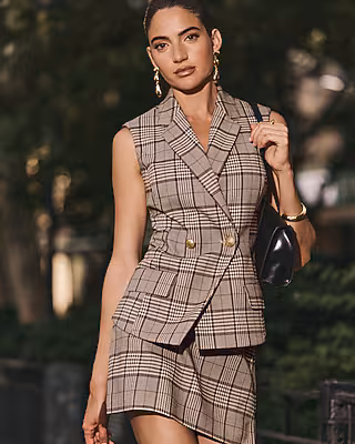 Plaid Notch Lapel Double Breasted Blazer Vest