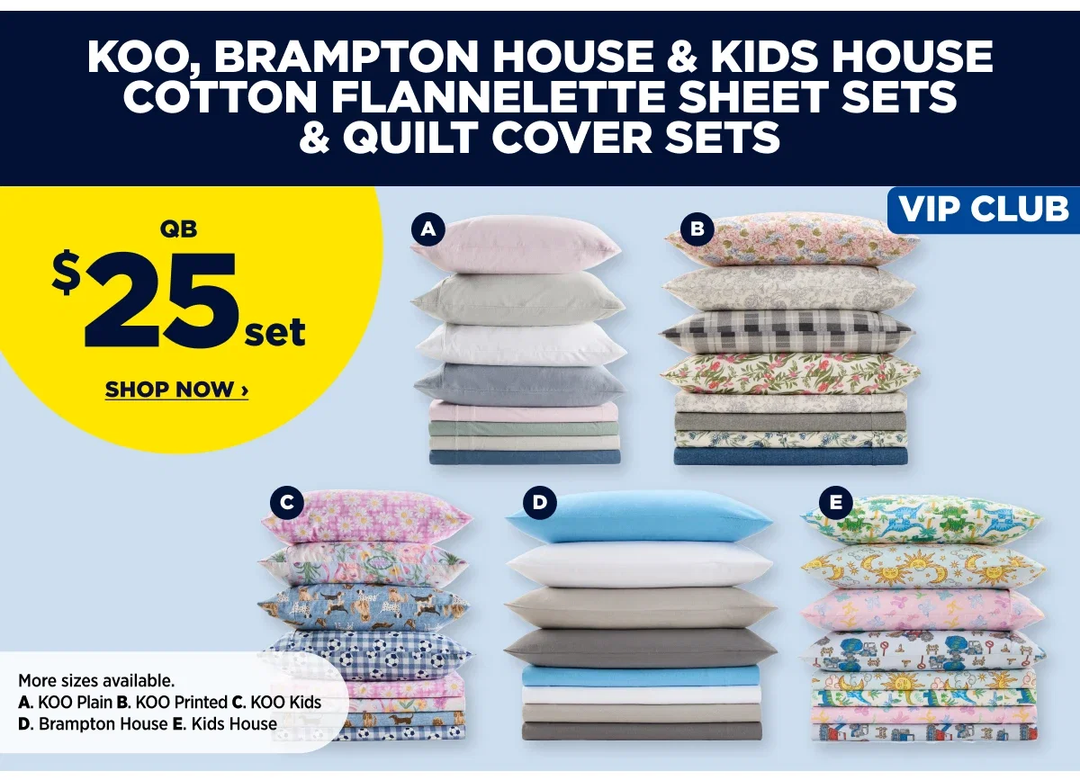 Koo, brampton house & kids house cotton flannelette sheet sets & quilt cover sets