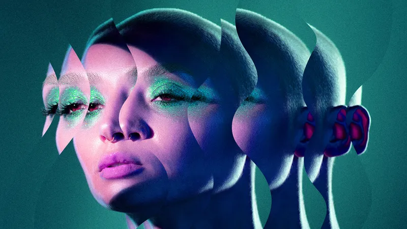 an otherworldly photo of a bald model with glitter eyeshadow with cutouts of their face layered on top