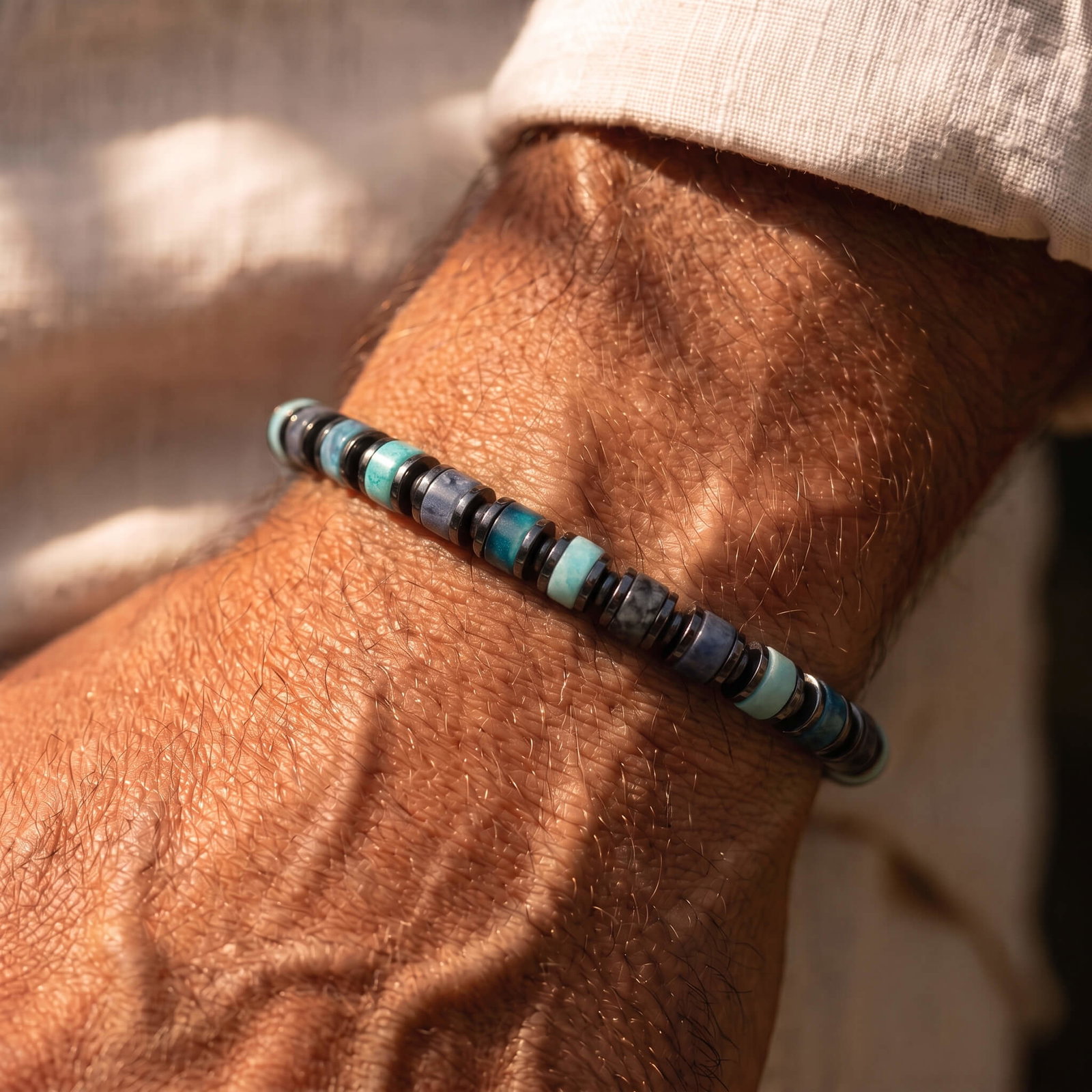 Fusion Gems bracelets styled with denim and neutral colors