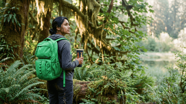 A woman wearing the Bright Green 25L Transit Pack on a misty rainforest trail, holding the Rainstorm Fish 24oz tumbler