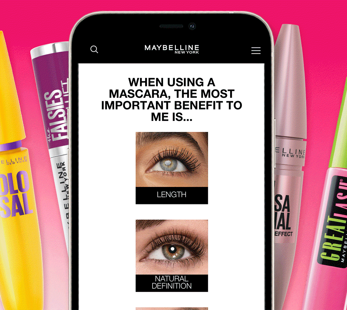 The mascara quiz experience shown in a gif on a mobile device with bestselling mascaras displayed behind the mobile phone.