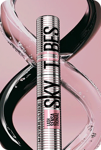 Lifestyle image of Sky Tubes Tubing Mascara with formula swirling behind it on a light pink background