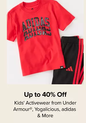 Up to 40% off kids activewear from Under Armour, Yogalicious, adidas and more. Shop now. A red tee shirt and black athletic pants.