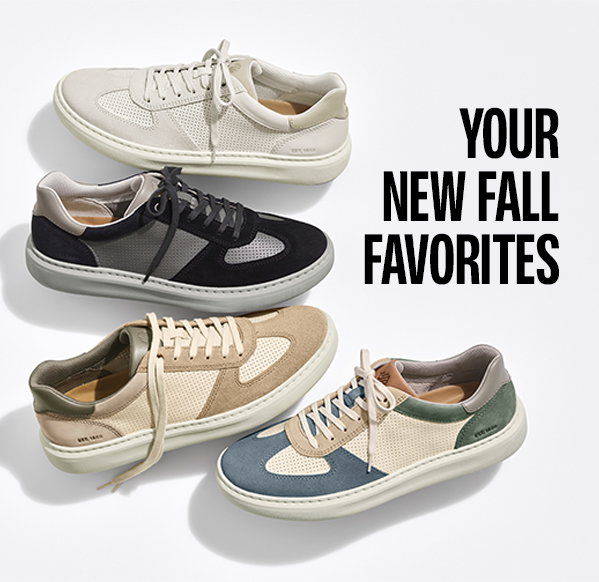 Four casual sneakers in neutral and colorblock styles displayed on a white background. Text reads: 