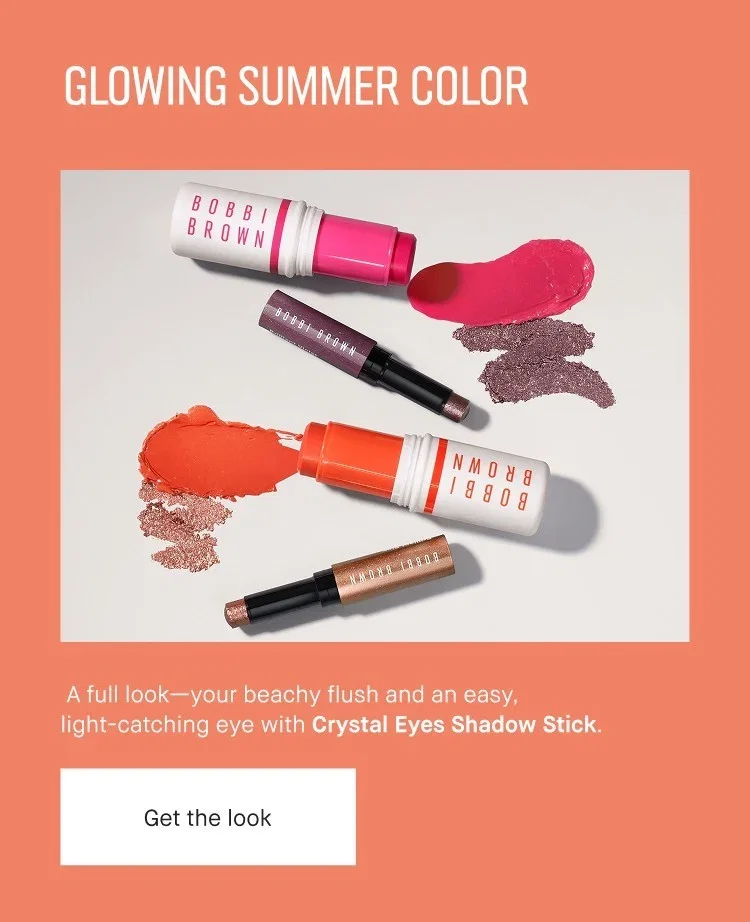 GLOWING SUMMER COLOR | A full look-your beachy flush and an easy,
light-catching eye with Crystal Eyes Shadow Stick. | Get the look