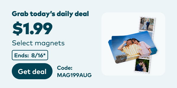 Grab today's daily deal: $1.99 select magnets. Code: MAG199AUG. Ends: 8/16, see site for details. Get deal.