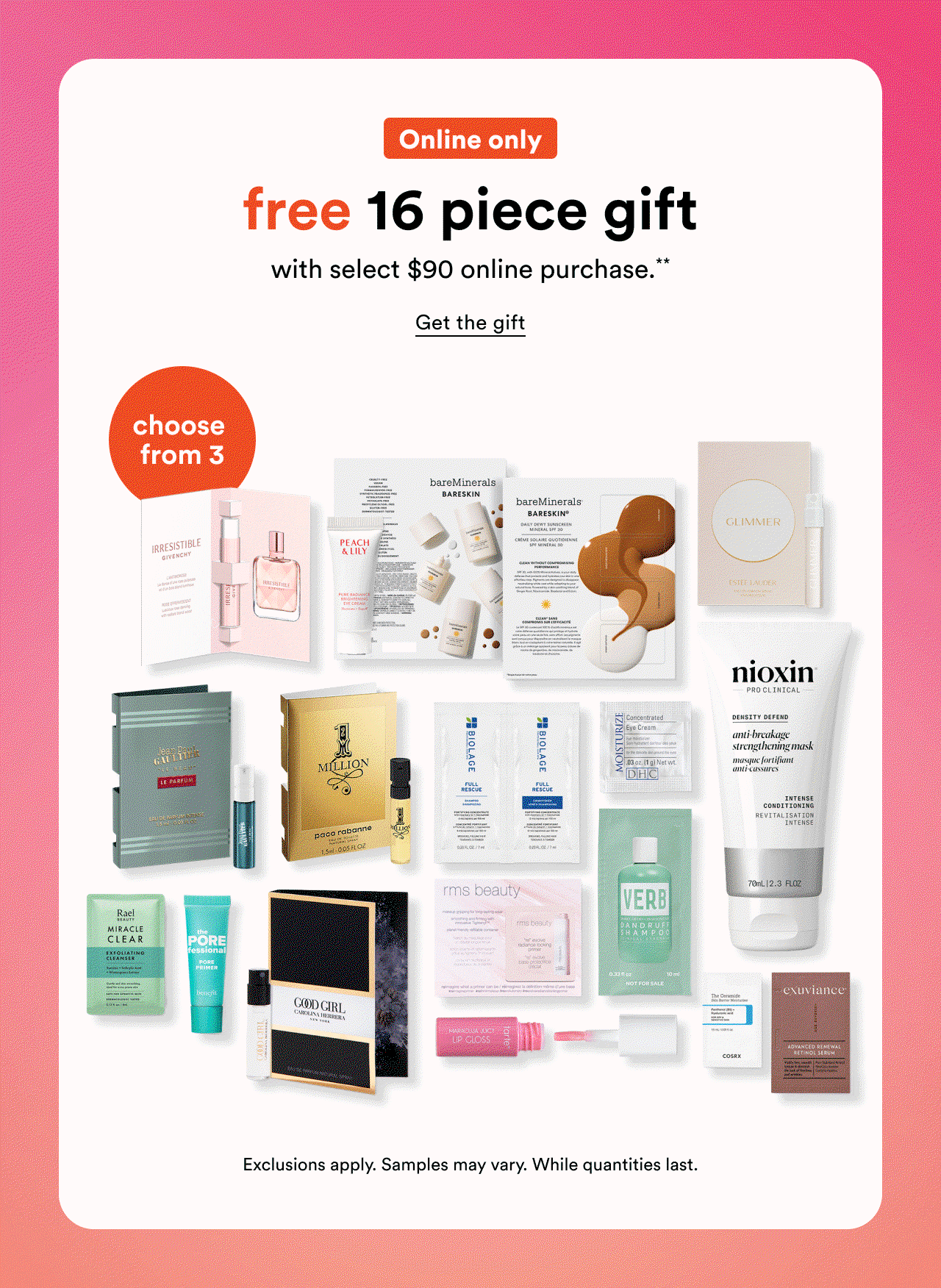 Online only | Free 16 piece hair sampler gift with select $90 online purchase | Get the gift