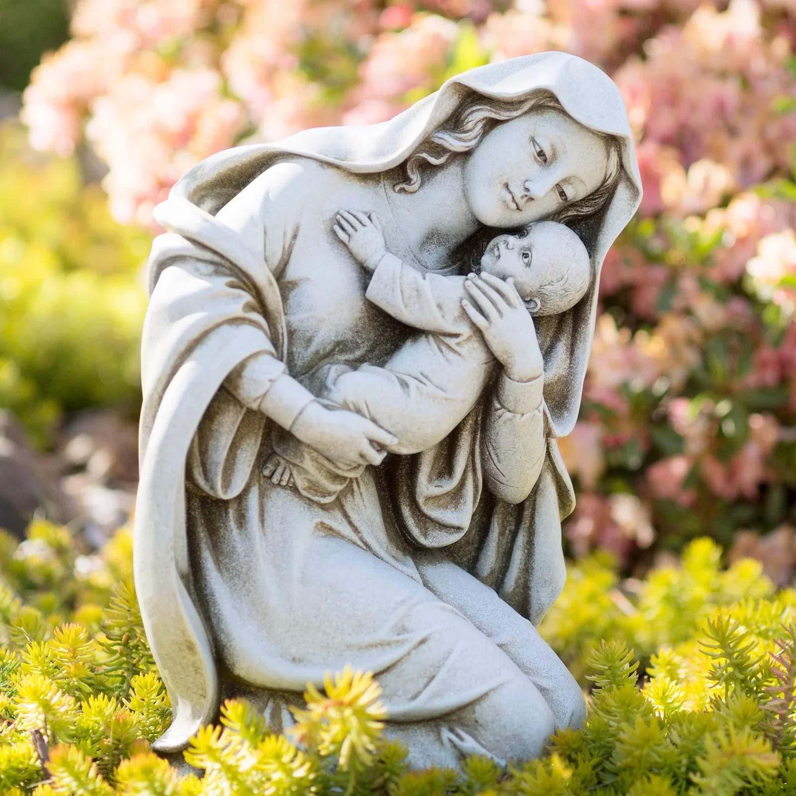Kneeling Madonna & Child Garden Statue - 13.5