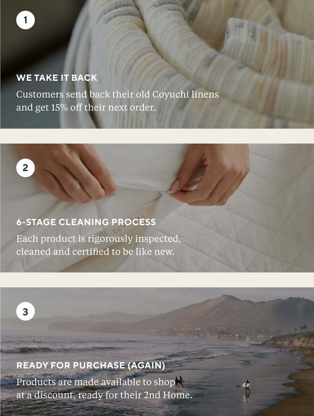 WE TAKE IT BACK Customers send back their old Coyuchi linens and get 15% off their next order. 2. 6-STAGE CLEANING PROCESS Each product is rigorously inspected, cleaned and certified to be like new. 3. READY FOR PURCHASE (AGAIN) Products are made available to shop at a discount, ready for their 2nd Home. 