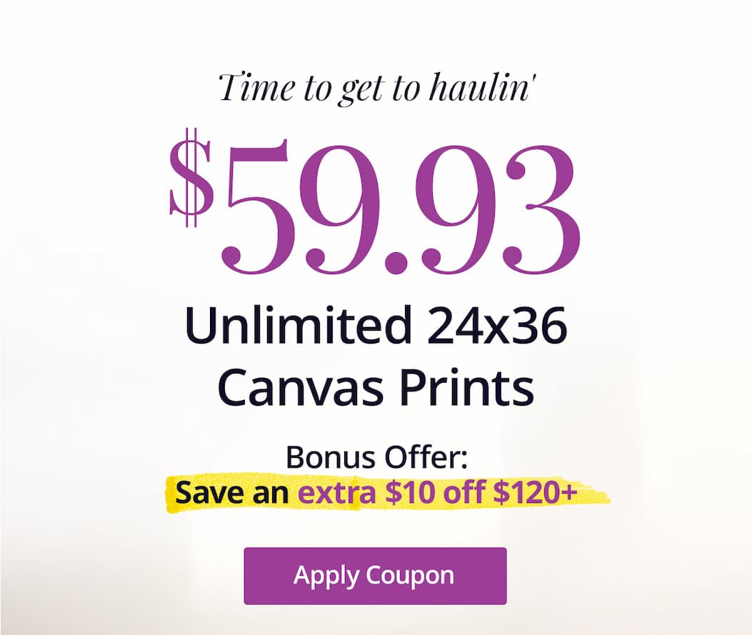 Time to get hauling! Unlimited 24x36 Canvas Prints for $59.93 each! Plus, save an extra $10 when you spend $120 or more! Apply Coupon