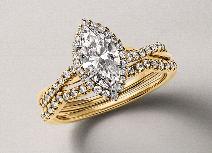 A marquise diamond ring. Stacked diamond bands. A pear diamond ring. Wedding bands in mixed metals.