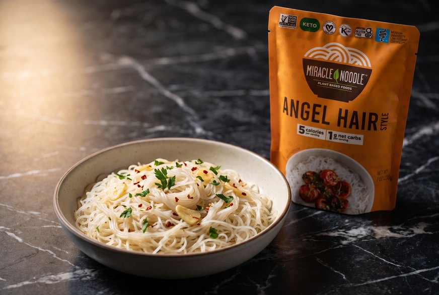 A pouch of Miracle Noodle Angel Hair on a kitchen counter
