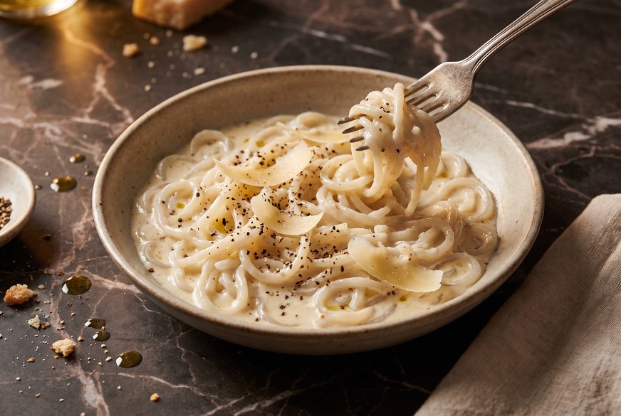 A bowl of Miracle Noodle spaghetti in a garlic cream sauce