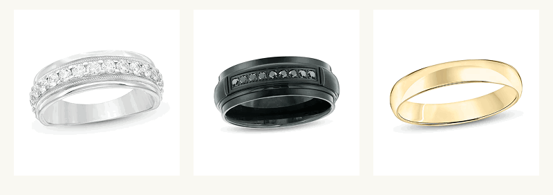 White gold channel-set diamond ring, modern black band with black diamonds, & polished yellow gold band.