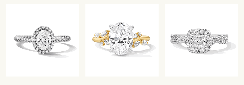 Side-by-side showcase of unique diamond engagement rings with pavé bands, set in different metals.