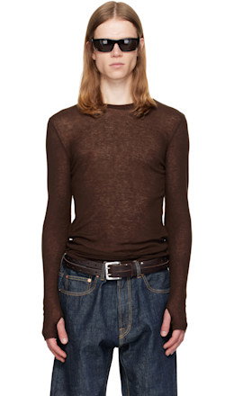 Brown Sheer Wool Ribbed Knit Sweater - TONYWACK