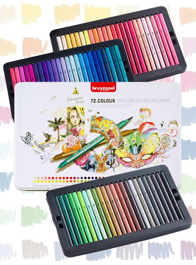 Feutre double pointe Fineliners et Pinceau Boîte métal 72 pcs - Bruynzeel