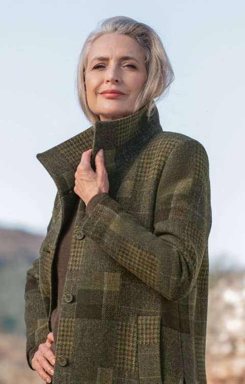 Ladies Patchwork Tweed Funnel Coat