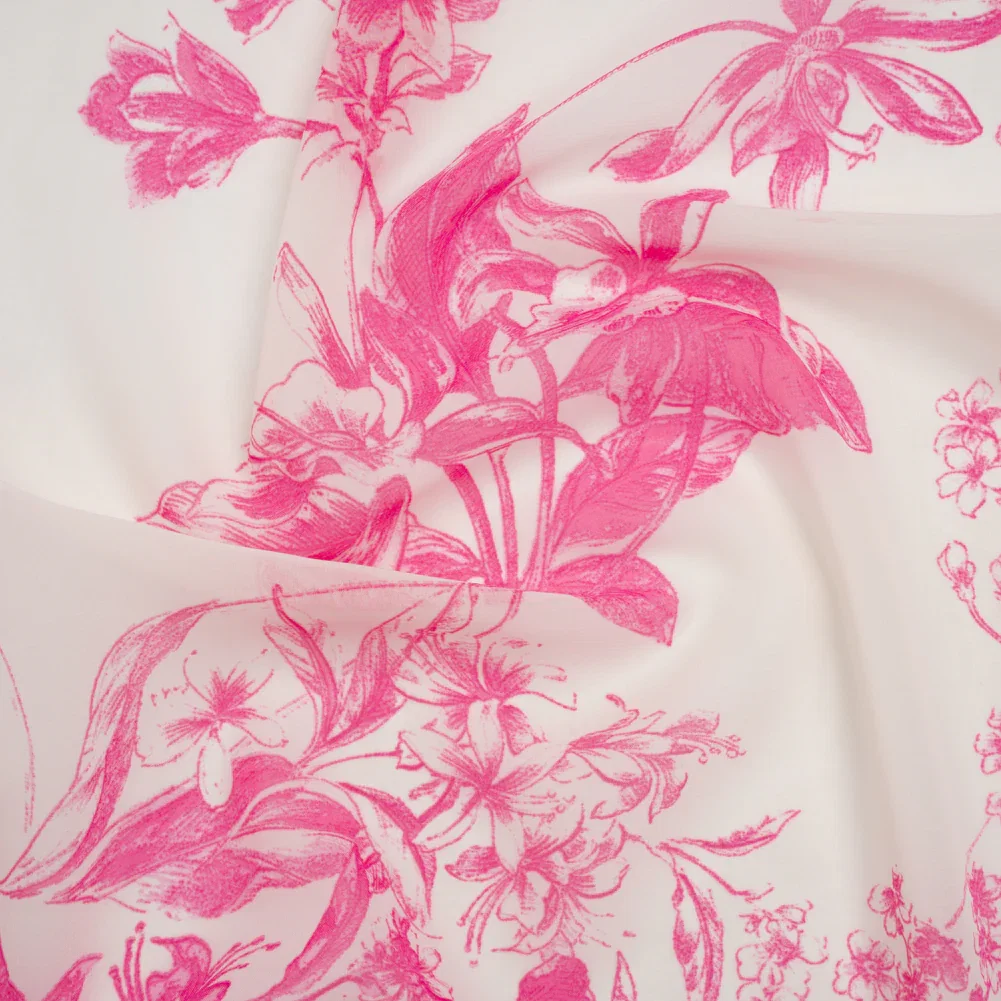 Image of Polyester Chiffon Print - Hot Pink and Ivory Pastoral Floral - Designer Deadstock