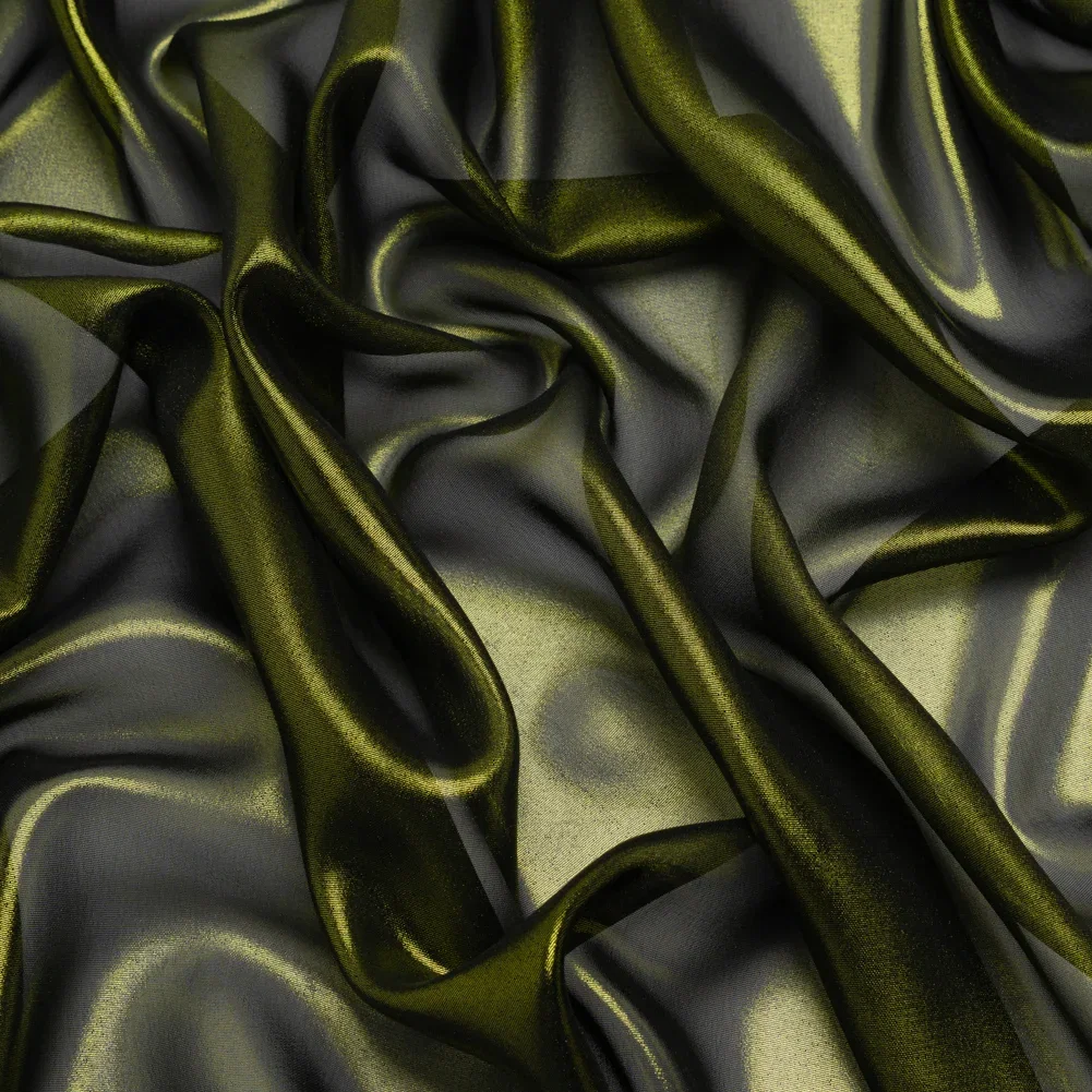 Image of Liquid Sheen Metallic Polyester Chiffon - Olive on Black - Liquid Sheen Chiffon Collection
