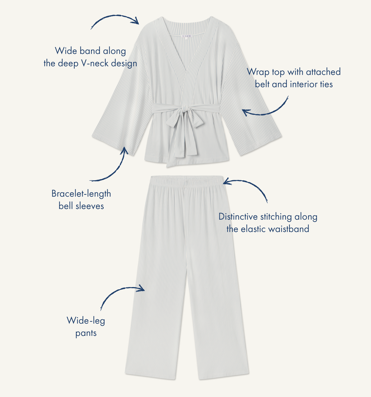 Wide band along the deep V-neck design | Wrap top with attached belt and interior ties | Bracelet-length bell sleeves | Distinctive stitching along the elastic waistband | Wide-leg pants