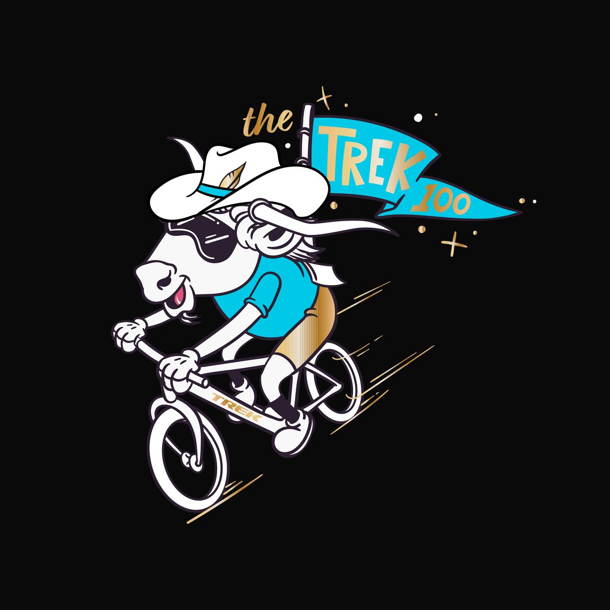 Illustrated Trek 100 Texas cowboy mascot with a pennant flag reading 'the Trek 100'