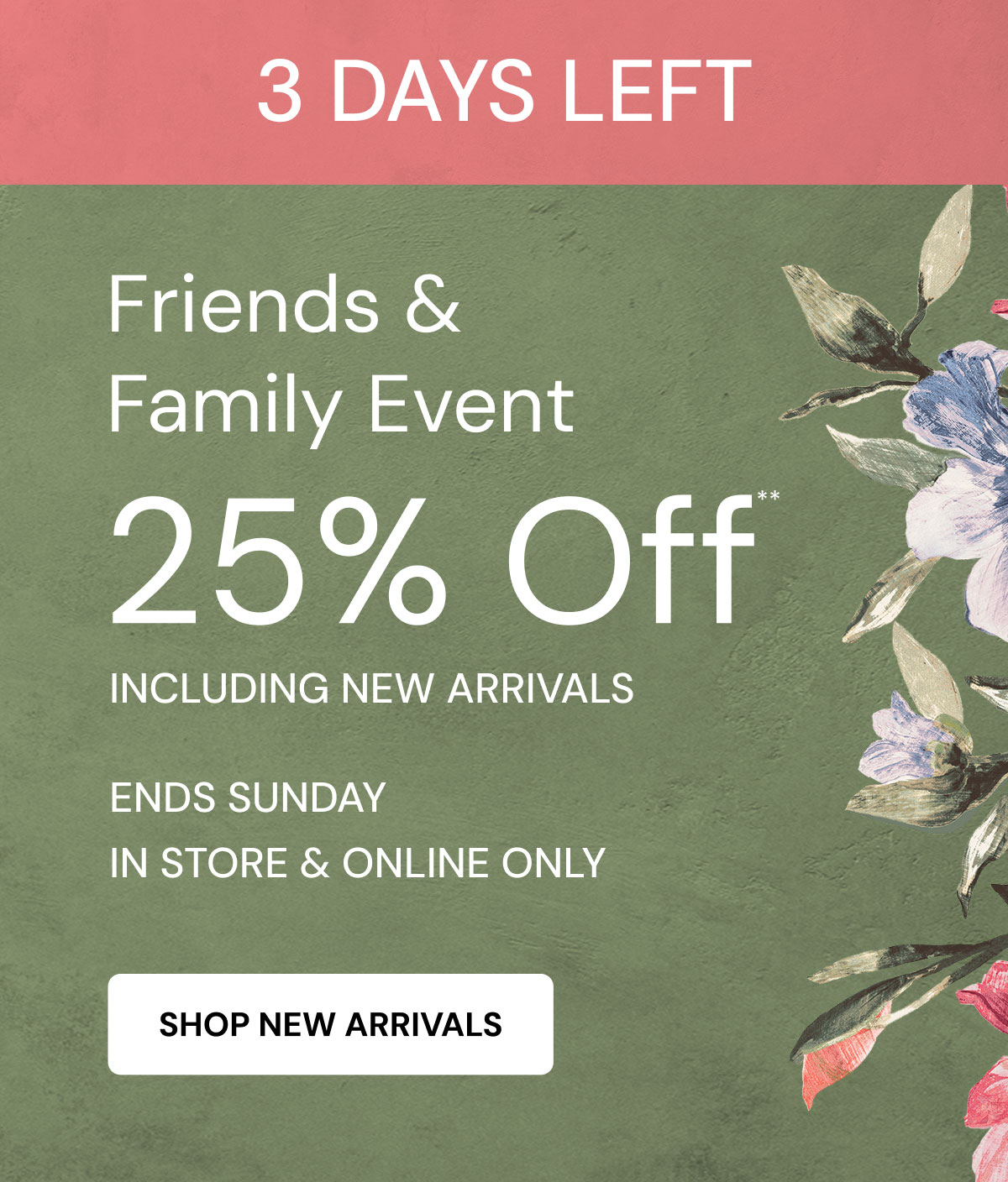 3 Days Left. Friends & Family Event Ends Sunday. 25% Off