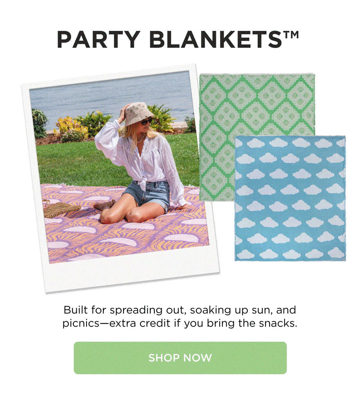 PARTY BLANKETS™  Built for spreading out, soaking up sun, and picnics—extra credit if you bring the snacks.  [[SHOP NOW]]