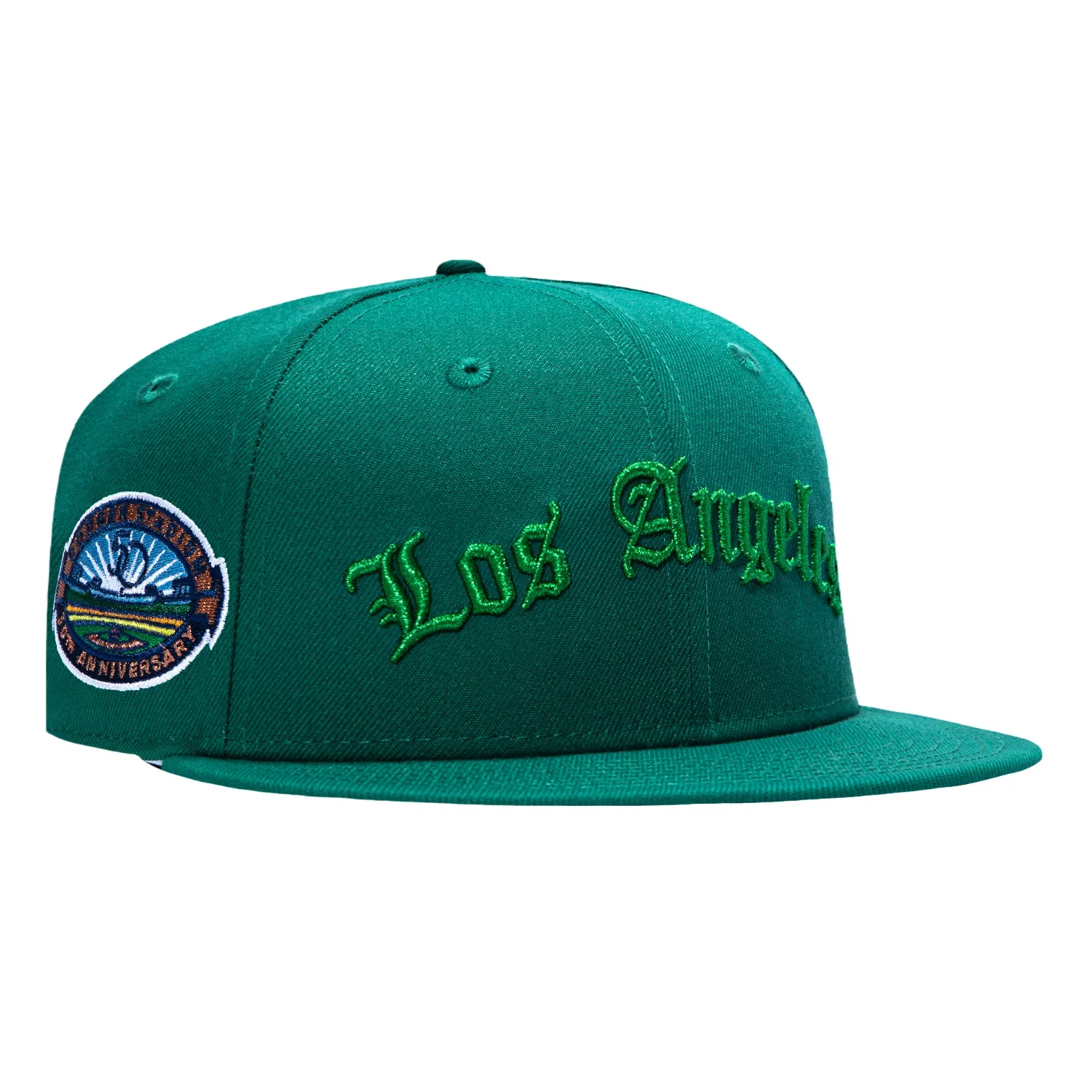 Image of New Era 59Fifty Los Angeles Dodgers 50th Anniversary Stadium Patch Old English Hat - Green, Kelly