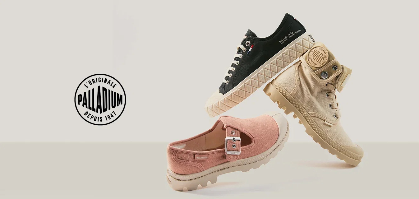 Drei schwebende Schuhe: ein pinker Slip-On, ein beiger Schnürstiefel und ein schwarzer Sneaker mit weisser Sohle.