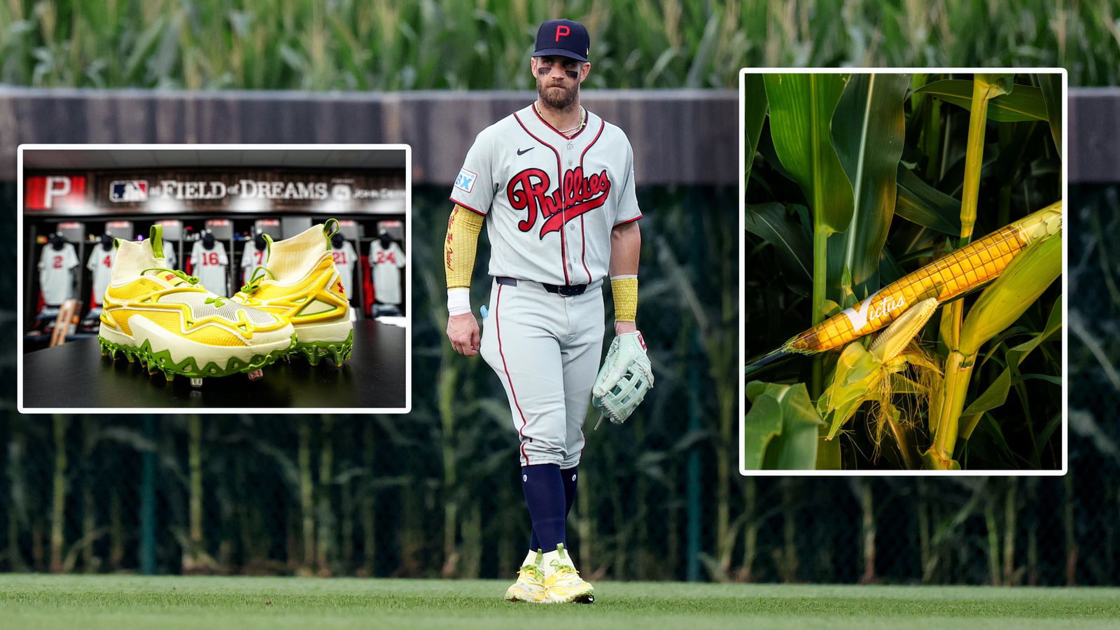 Bryce Harper in the Field of Dreams game with insets of his corn-themed cleats and bat