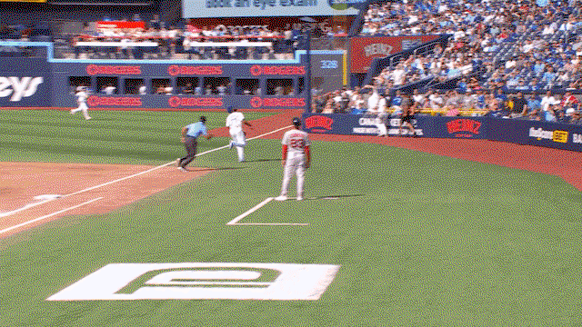 An animated gif of Vladimir Guerrero Jr. making an over-the-shoulder catch in foul territory and running into the wall