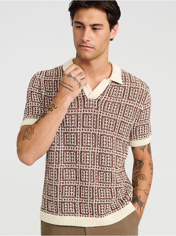 Shop Mens Textured Boucle Geo Tile Print Johnny Collar Sweater Polo