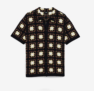 Shop Mens Textured Crochet Brown Floral Short Sleeve Sweater Polo