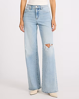 High Waisted Ripped Wide Leg Light Wash Jeans