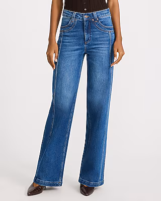 High Waisted Seamed Wide Leg Medium Wash Jeans
