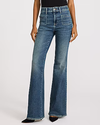 High Waisted Patch Pocket '70s Flare Dark Wash Jeans