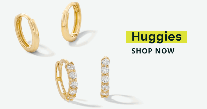 Pair of minimalist gold huggies & huggies lined with row of stones. Huggies. Click here to shop now