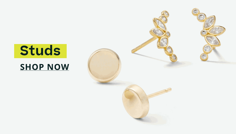 Smooth, round gold disc studs & curved crawlers with diverse shaped stones. Studs. Click here to shop now