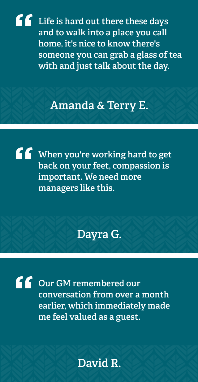Guest stories: quotes from Amanda & Terry E., Dayra G., and David R. thanking WoodSpring Suites General Managers