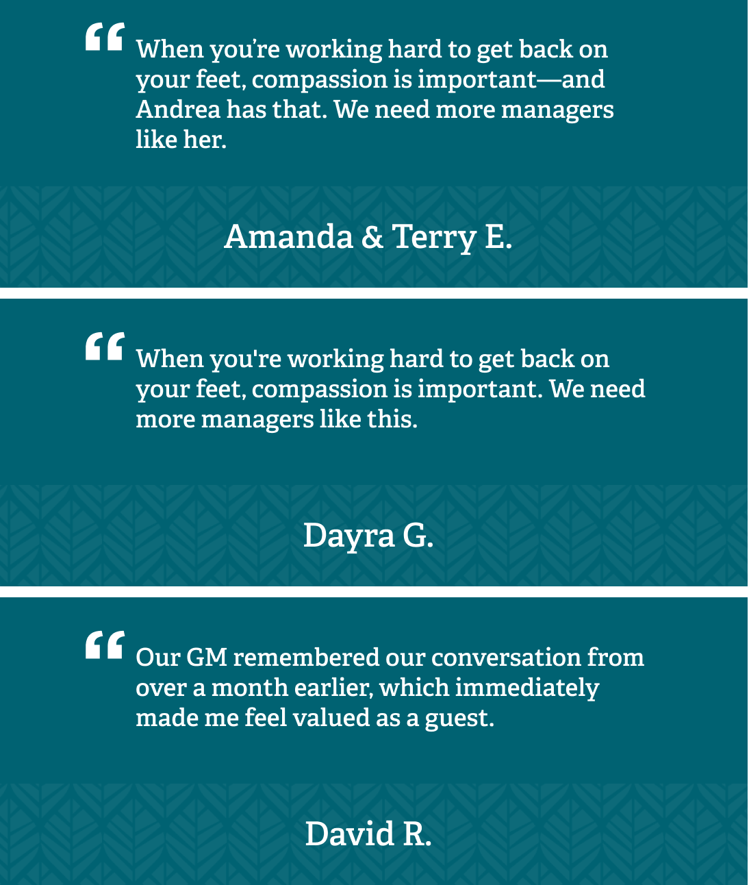 Guest stories: quotes from Amanda & Terry E., Dayra G., and David R. thanking WoodSpring Suites General Managers
