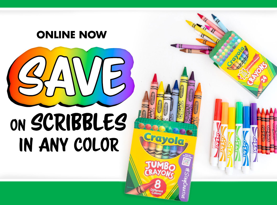 Save on Scribbles In Any Color. Image of Crayola crayons and Cra-Z-Art markers in a rainbow of colors on a white background.