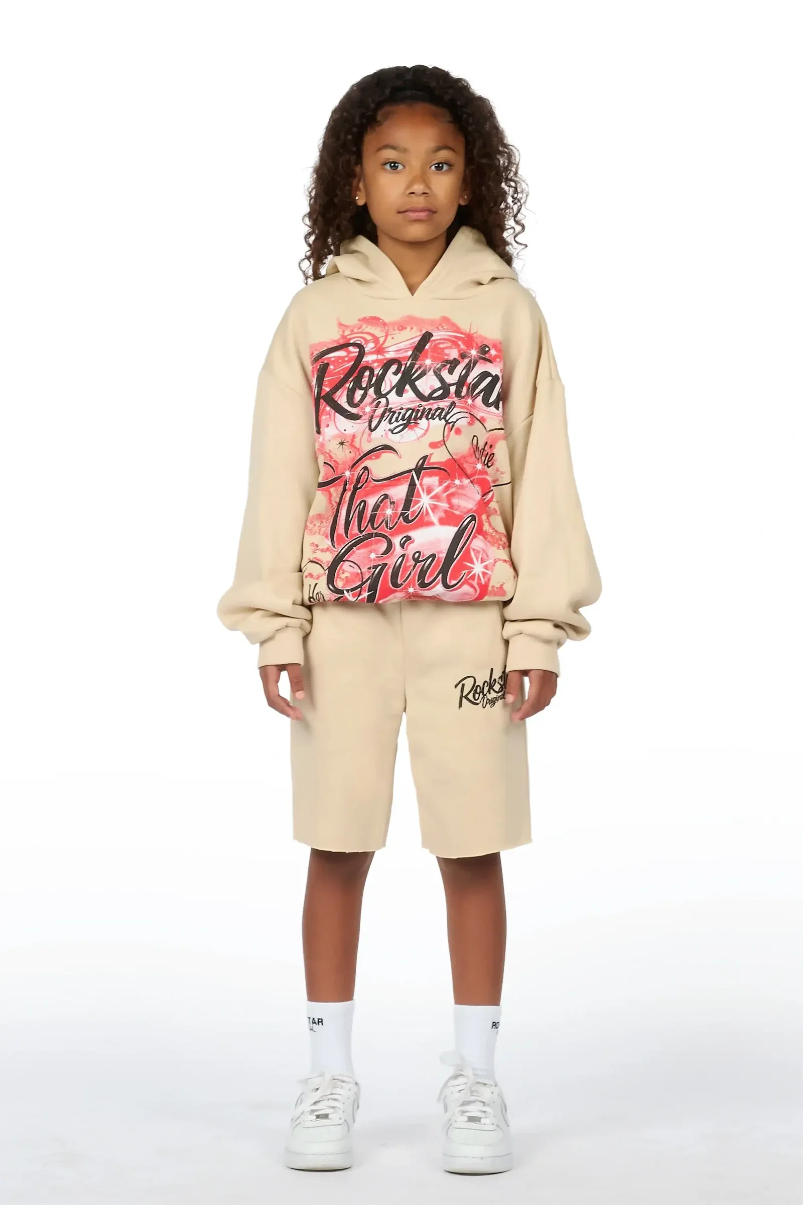 Image of Girls Skye Beige/Burgundy Fleece Hoodie Short set